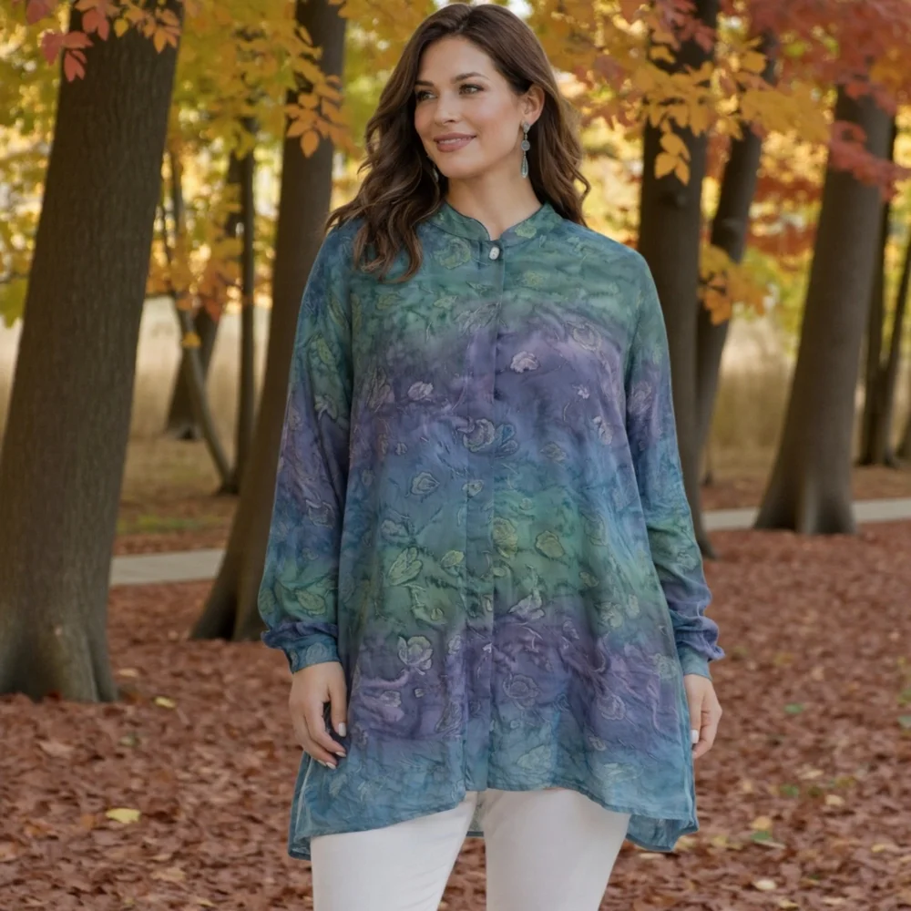 Dana‎ Taylor Woman Floral Blouse 1X Button Up Tunic Watercolor Feminine Romantic